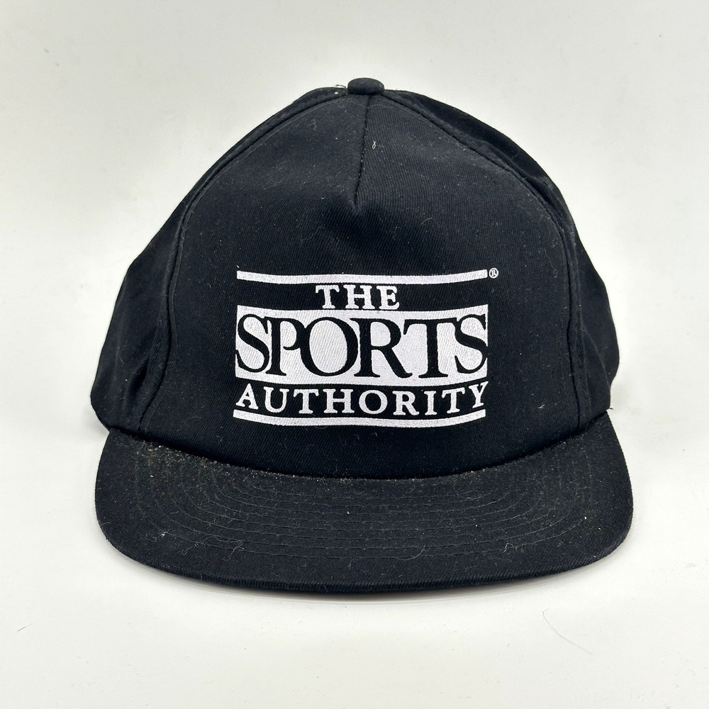 Vintage Sports Authority Hat Mens Black 90s Script Logo Snapback Cap